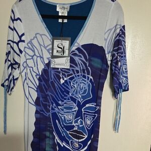 Sassy Jones Blue Graphic 3/4 Sleeve Blouse